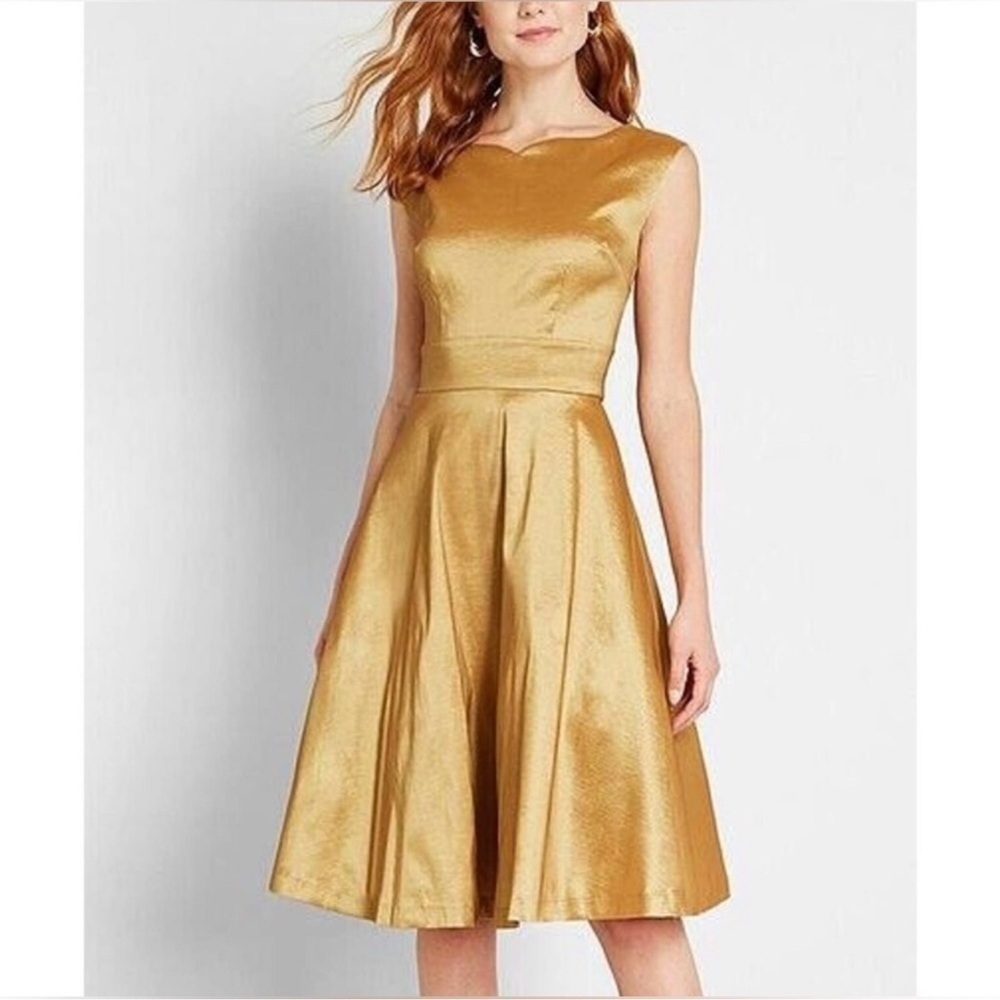 ModCloth Women's Fantastic Satin Fit & Flare Party Cocktail Midi Dress Gold 10